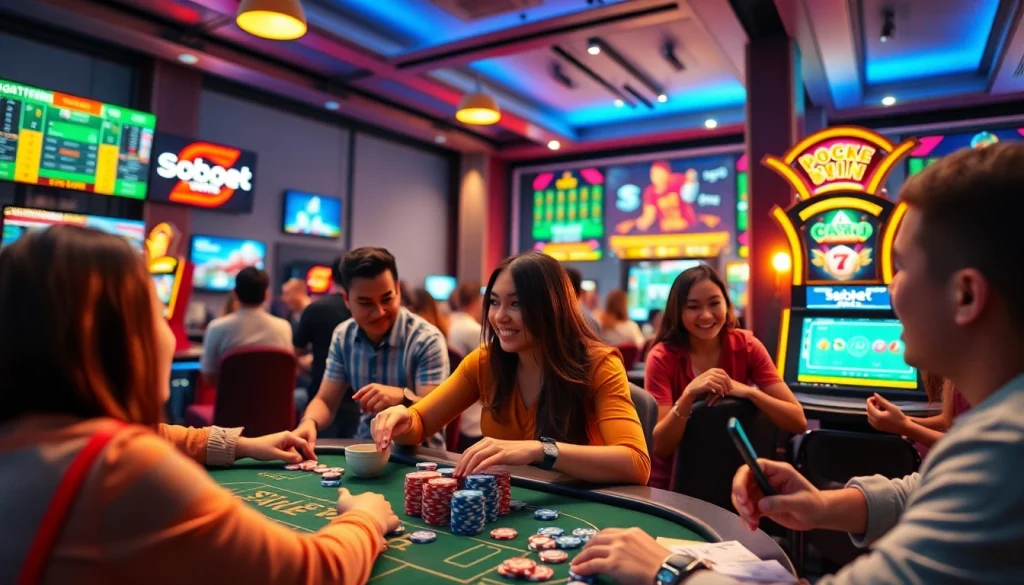 SboBet.dance online gaming scene with players engaged in poker and casino games, showcasing a vibrant digital betting interface.