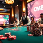 Experience thrilling casino action at https:/cm88.bz/ with vibrant poker chips and roulette.