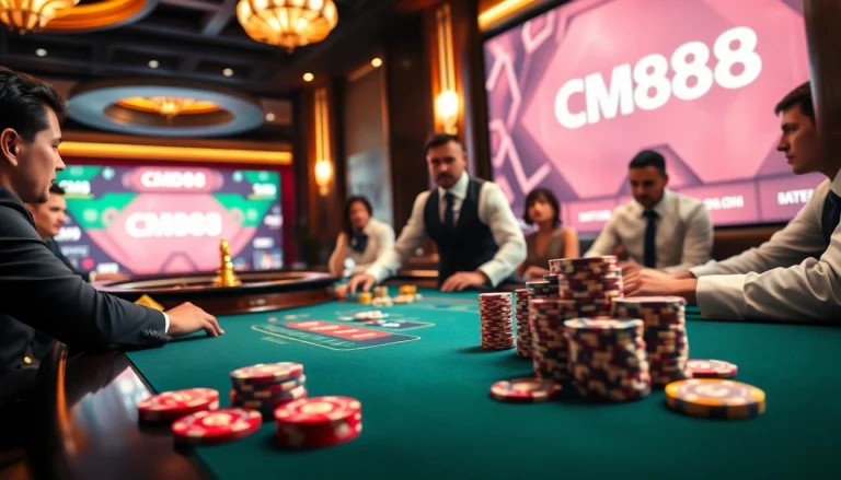 Experience thrilling casino action at https:/cm88.bz/ with vibrant poker chips and roulette.