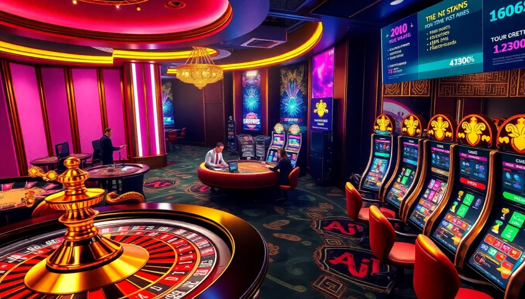 Experience the thrill of casino gaming with game ai insights, showcasing players strategizing at blackjack and roulette.