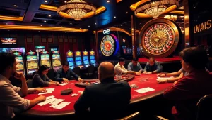 Experience the thrill of gambling with Gg88 Tech in a luxurious casino setting filled with poker tables and slots.