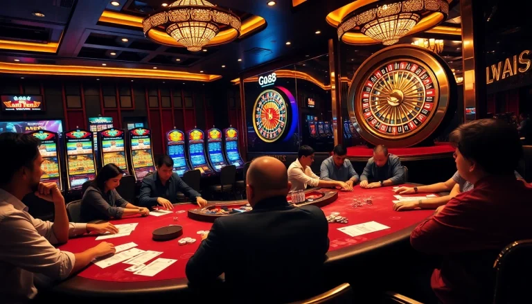 Experience the thrill of gambling with Gg88 Tech in a luxurious casino setting filled with poker tables and slots.