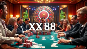 Engaging poker players celebrate their wins at the luxurious XX88 casino table.