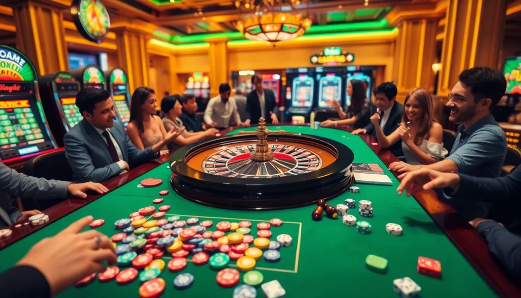 Engaged players enjoying a lively roulette game at https://rikvip.mx/ casino, showcasing colorful chips and vibrant atmosphere.