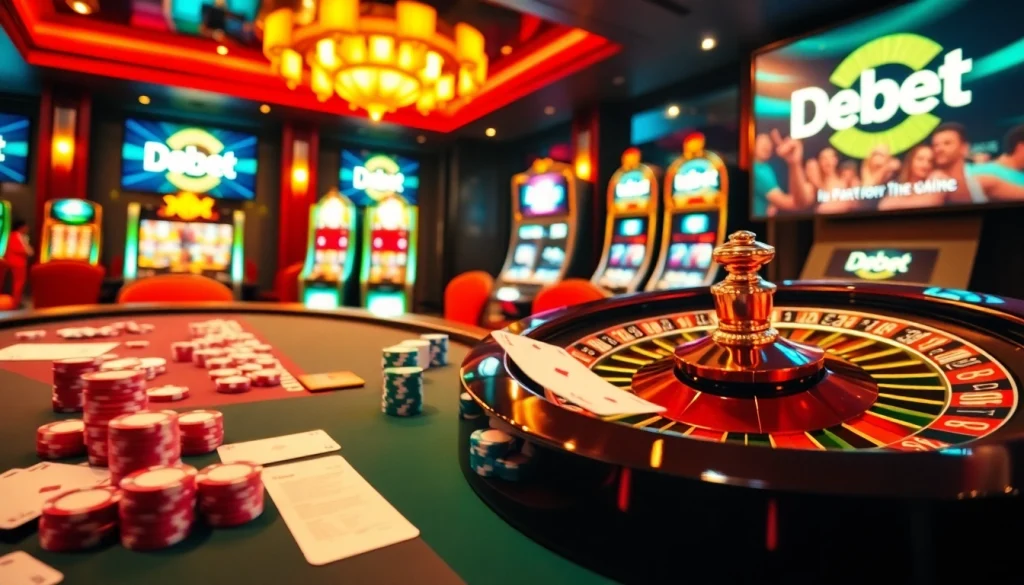 Experience high-stakes excitement at the Debet casino with vibrant poker chips and betting tables.