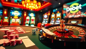 Experience high-stakes excitement at the Debet casino with vibrant poker chips and betting tables.