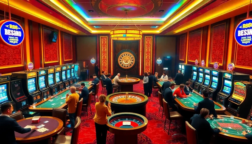 Engage in thrilling gaming at RR88, showcasing vibrant casino tables and slot machines.