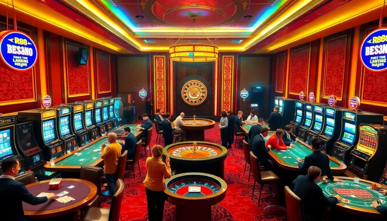 Engage in thrilling gaming at RR88, showcasing vibrant casino tables and slot machines.