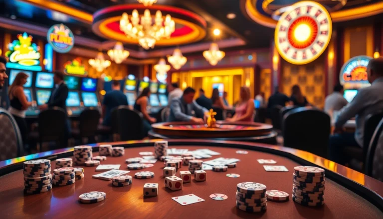 Engaging scene of gamblers at a luxurious table featuring 33win com elements in a vibrant casino atmosphere.