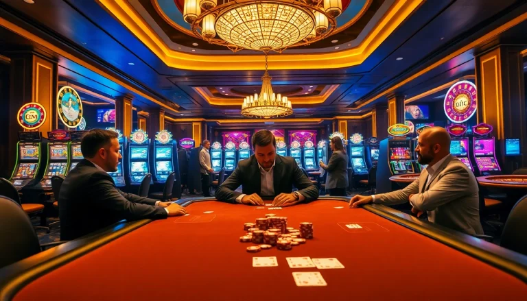 KJC group showcasing a lively poker game with luxurious casino elements and professional atmosphere.