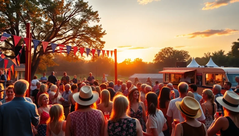 Scene from johnnycashbirthday.com featuring a vibrant outdoor celebration with live music, joyful attendees, and nostalgic elements.