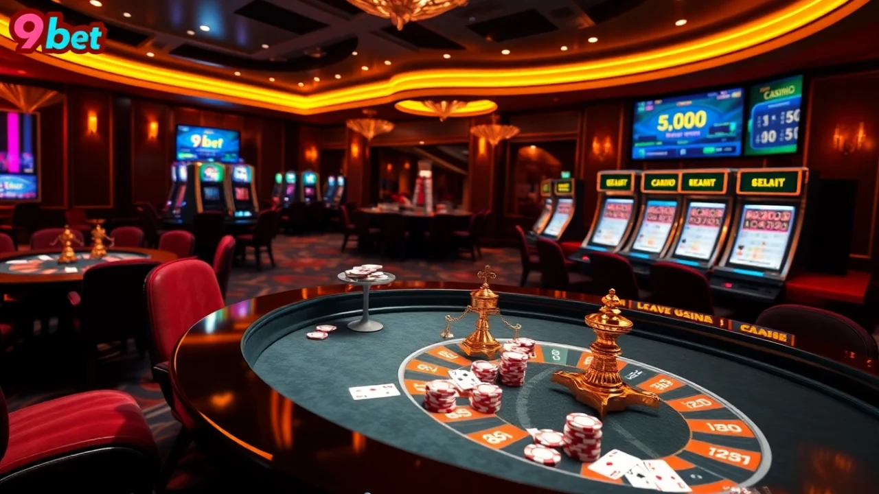 Experience the thrill of virtual gaming at 9bet with engaging casino visuals and vibrant poker tables.