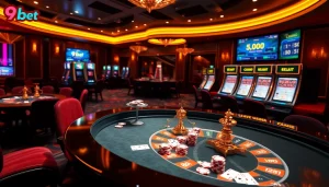 Experience the thrill of virtual gaming at 9bet with engaging casino visuals and vibrant poker tables.