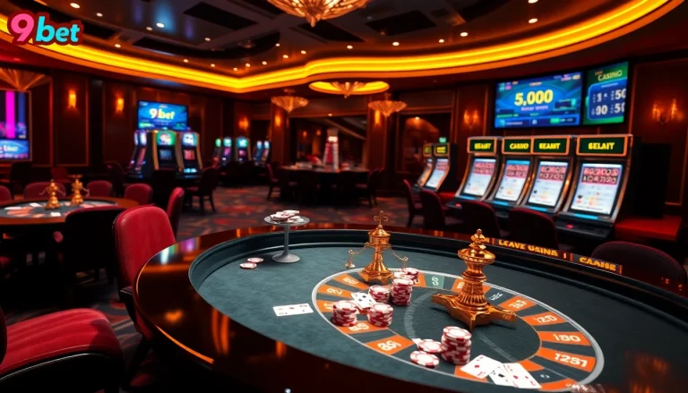Experience the thrill of virtual gaming at 9bet with engaging casino visuals and vibrant poker tables.