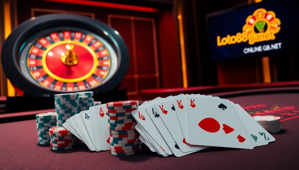 Experience the thrill of high-stakes gaming at loto188.gb.net with vibrant poker chips and cards.