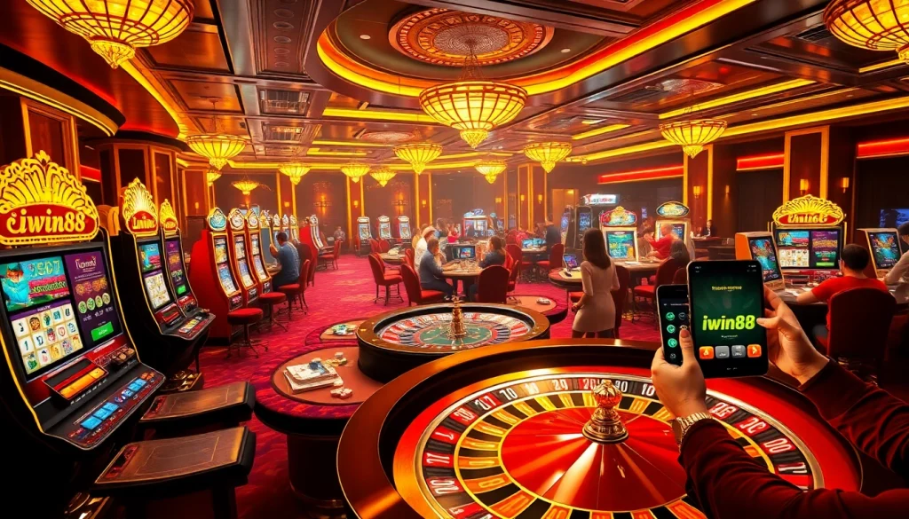 Exciting gambling scene featuring iwin68 online platform with casino games, chips, and roulette.