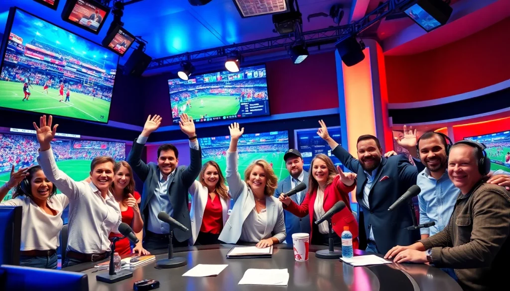 Engaged broadcasters in sports broadcasting studio delivering exciting coverage.