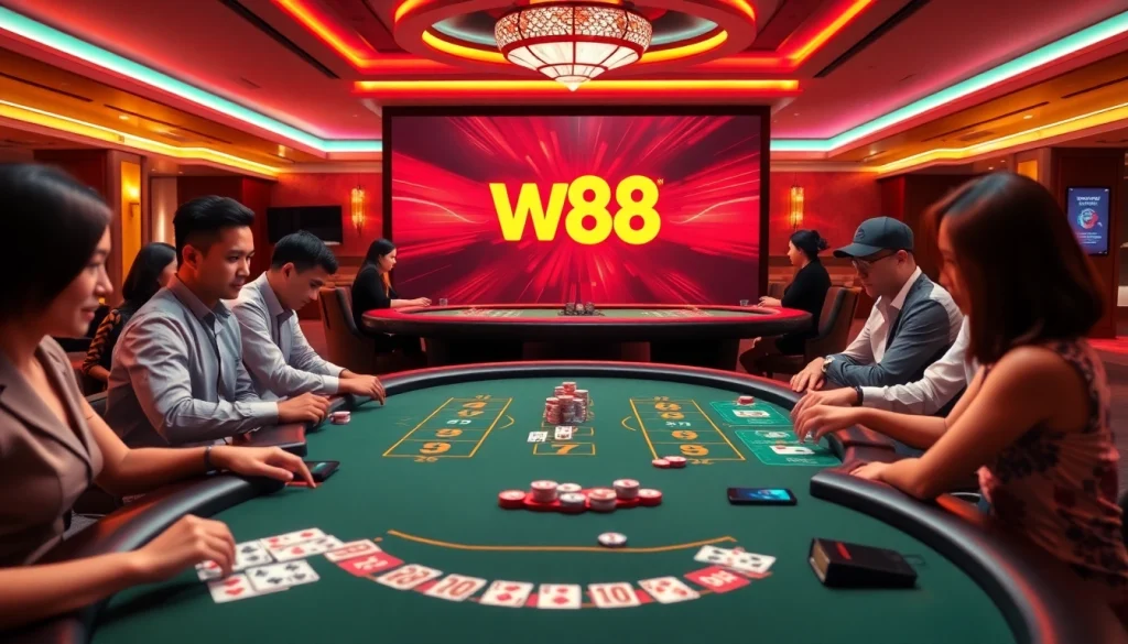 Experience thrilling online gaming at w88.nyc with Baccarat and Blackjack tables in a vibrant casino setting.