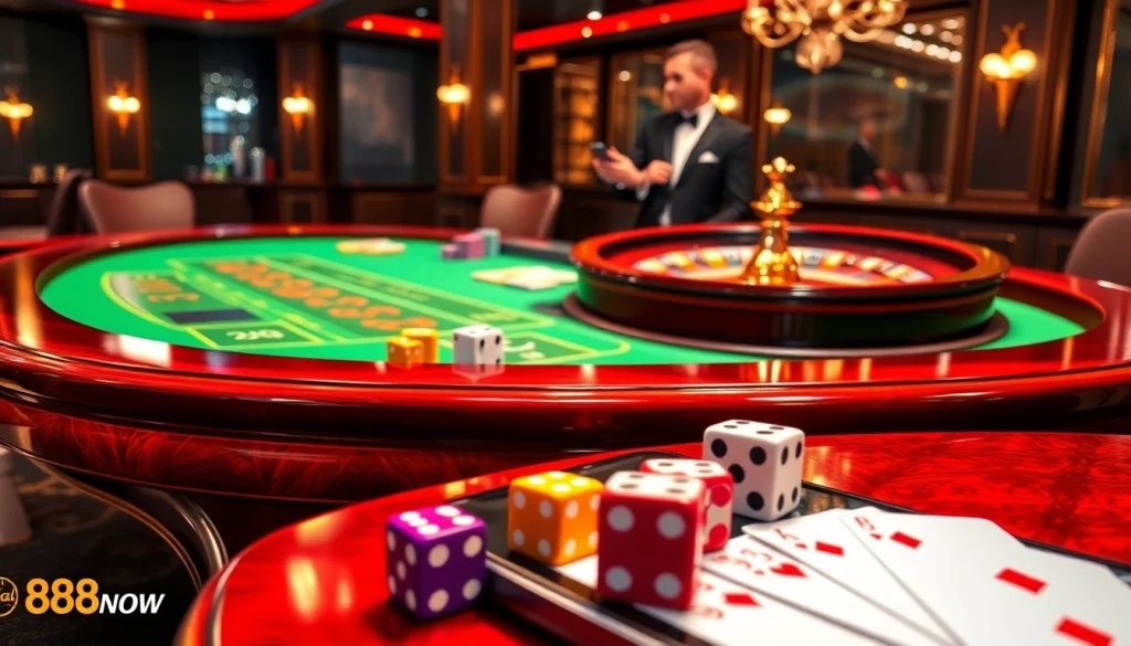 Engaging casino scene at trang chủ 888NOW featuring poker chips and roulette wheel.