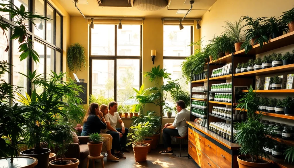 Association cannabis shop Madrid avec des clients partageant une expérience chaleureuse et accueillante.