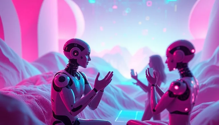 Dynamic representation of sex ai with vibrant neon characters interacting in a digital landscape.