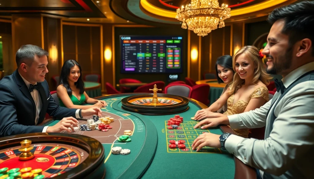 Win exciting rewards at https://gg88.black/ amidst a luxurious casino atmosphere with engaging players and vibrant gambling elements.
