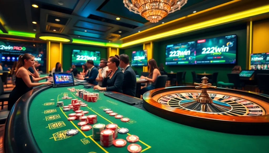 A vibrant casino scene featuring players at a blackjack table, highlighting 123win pro gaming excitement.