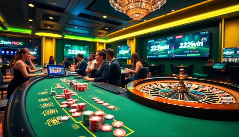 A vibrant casino scene featuring players at a blackjack table, highlighting 123win pro gaming excitement.