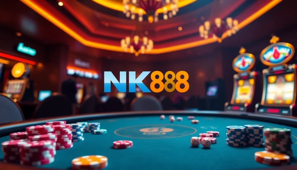 Engage in thrilling gaming at trang chủ NK88, showcasing an upscale online casino experience with vibrant slot machines and poker tables.