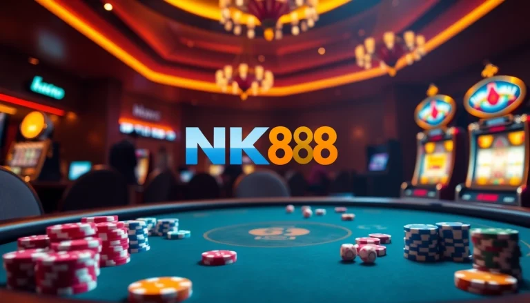 Engage in thrilling gaming at trang chủ NK88, showcasing an upscale online casino experience with vibrant slot machines and poker tables.