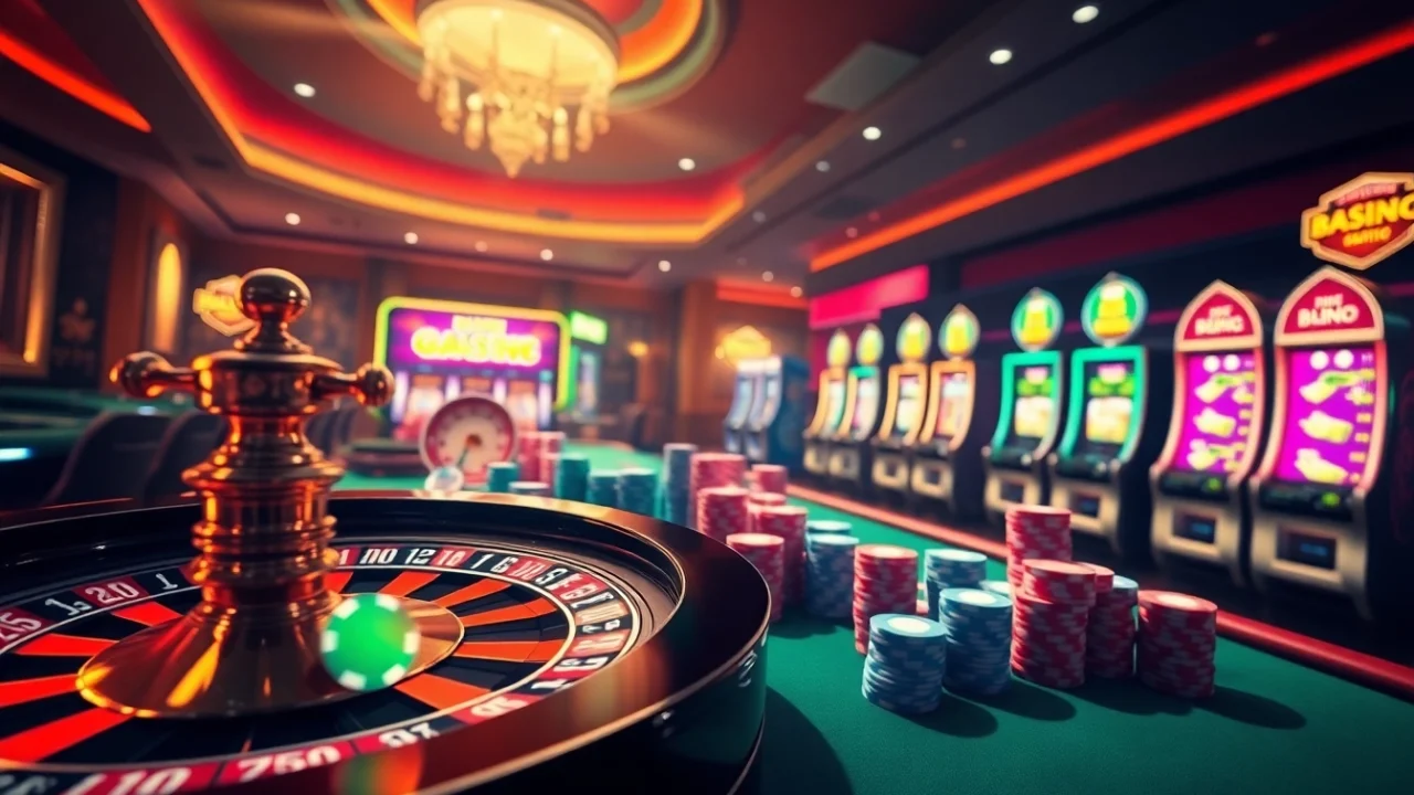 Exciting gaming scene at nohu90vv.com showcasing roulette, poker chips, and vibrant slot machines.