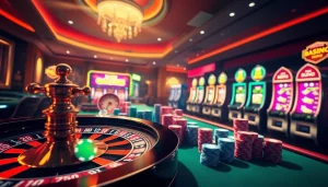 Exciting gaming scene at nohu90vv.com showcasing roulette, poker chips, and vibrant slot machines.