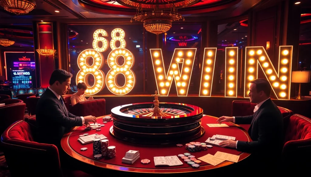 Experience the thrill of winning at 68 WIN in a luxurious casino setting with vibrant gameplay.