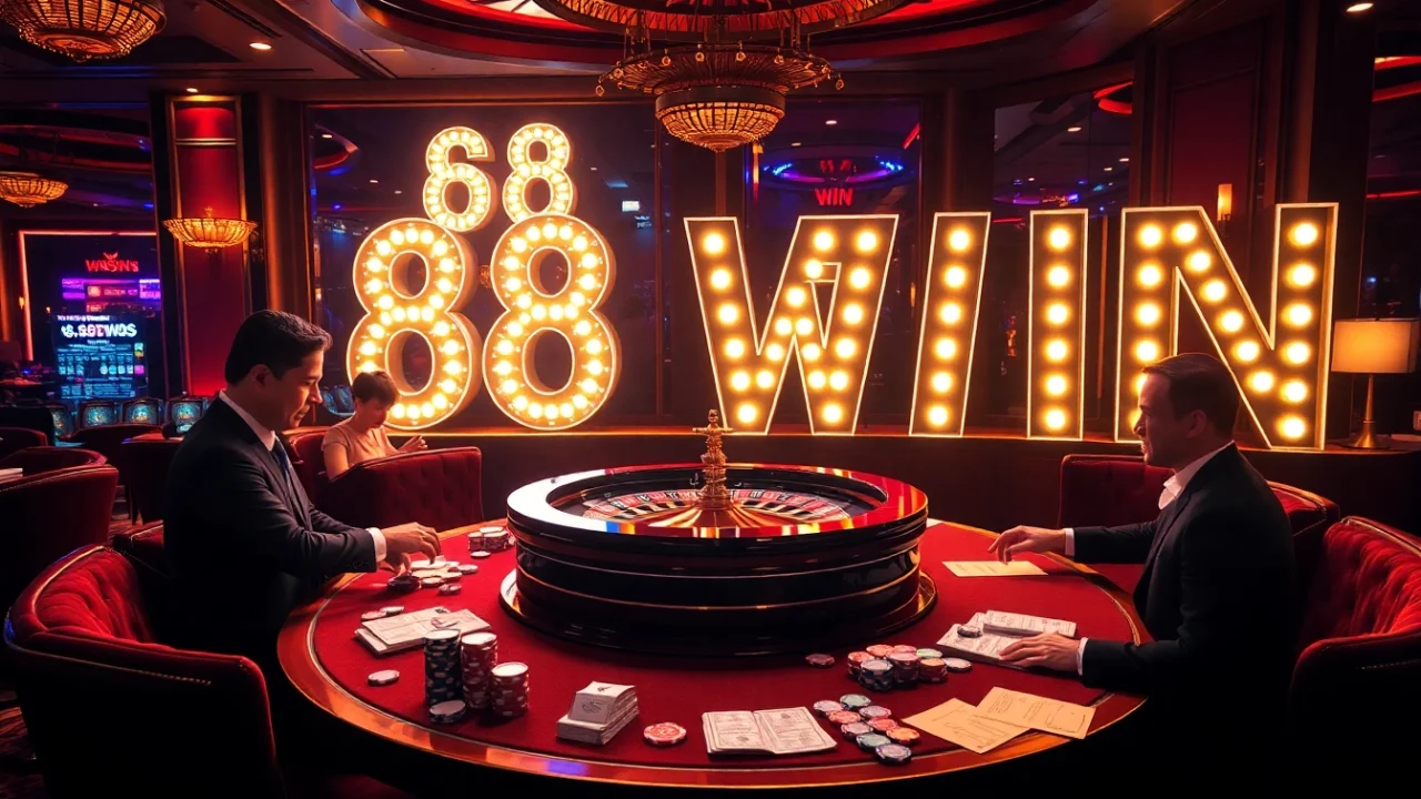 Experience the thrill of winning at 68 WIN in a luxurious casino setting with vibrant gameplay.