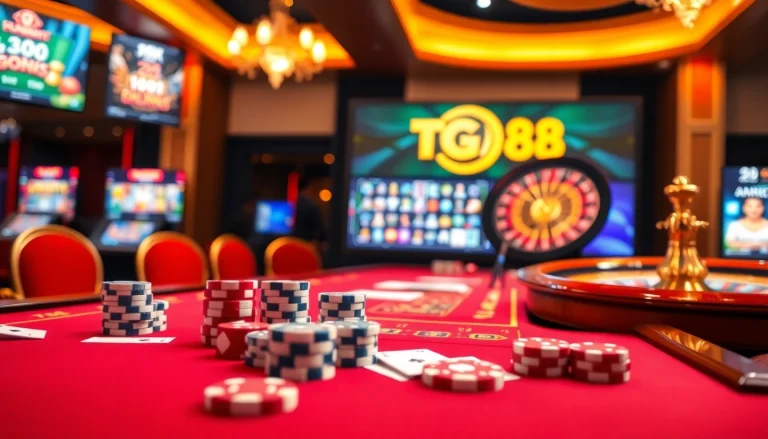 The excitement of online gambling with TG88 showcased in a sophisticated casino environment.