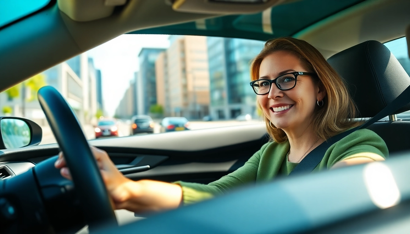 Enthusiastic instructor teaching automatic driving lessons Manchester to a young learner in a bright urban setting.