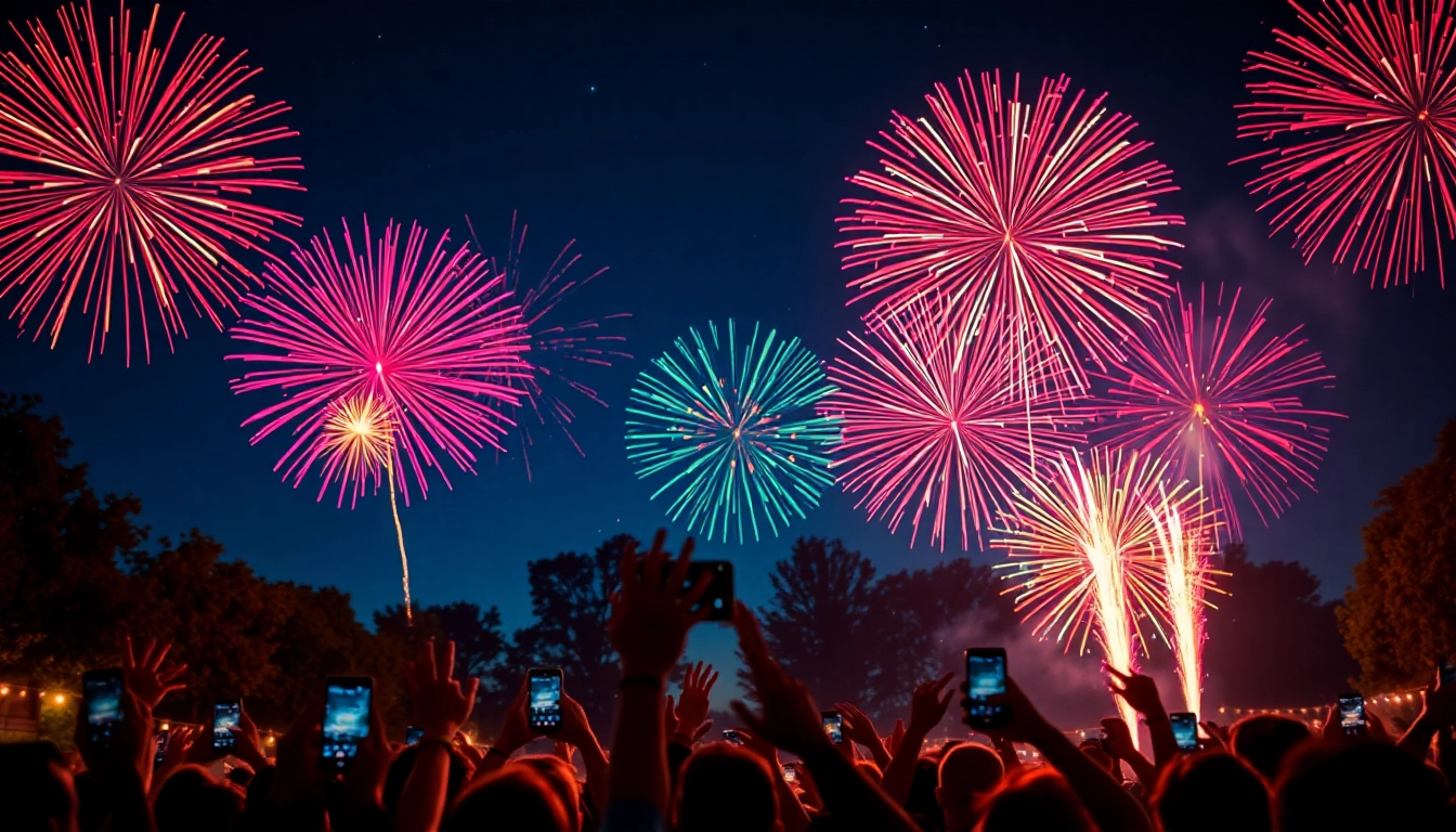 Colorful fireworks for sale lighting up the night sky at a community celebration.