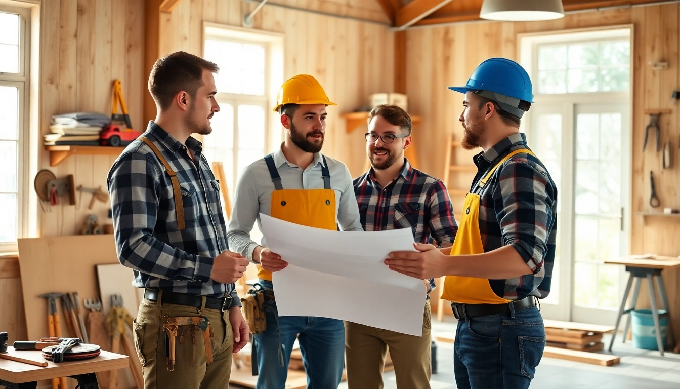 Renovators near me working together on a home renovation project in a bright workshop.