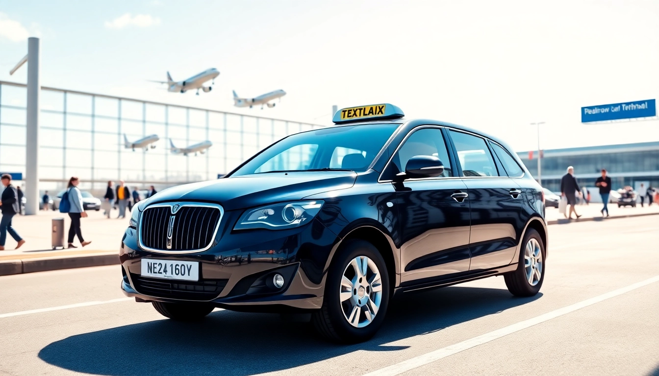 Catch a glimpse of Heathrow airport with a professional taxi ready for passengers.