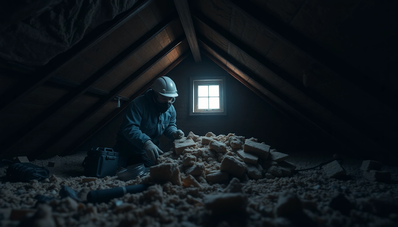 A loft insulation removal specialist safely extracting insulation from an attic.